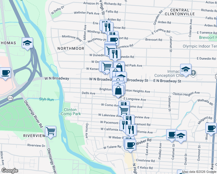 map of restaurants, bars, coffee shops, grocery stores, and more near 67 Brighton Road in Columbus