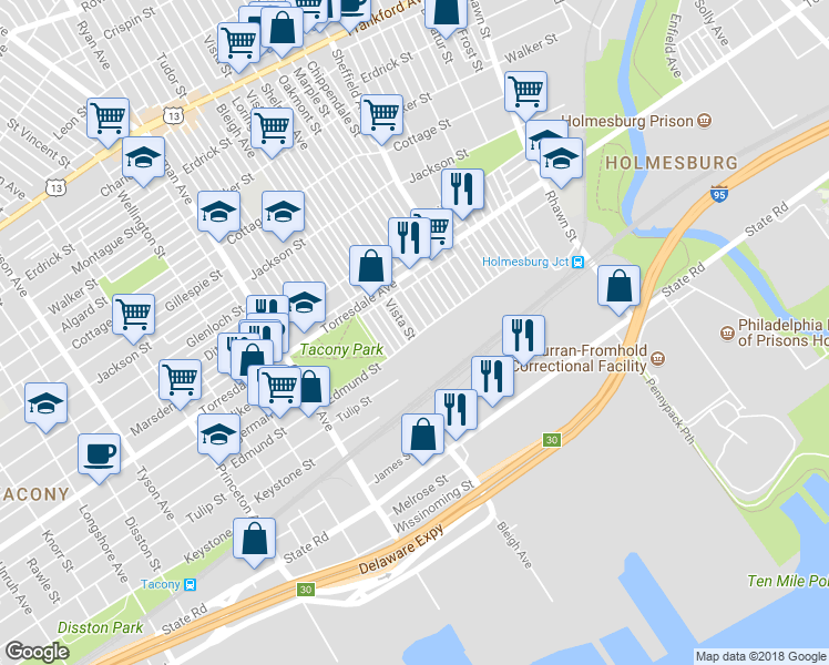 map of restaurants, bars, coffee shops, grocery stores, and more near 4773 Vista Street in Philadelphia