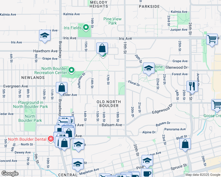 map of restaurants, bars, coffee shops, grocery stores, and more near 3025 18th Street in Boulder