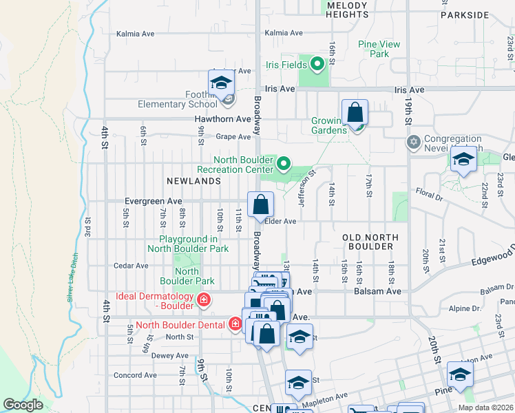 map of restaurants, bars, coffee shops, grocery stores, and more near None in Boulder