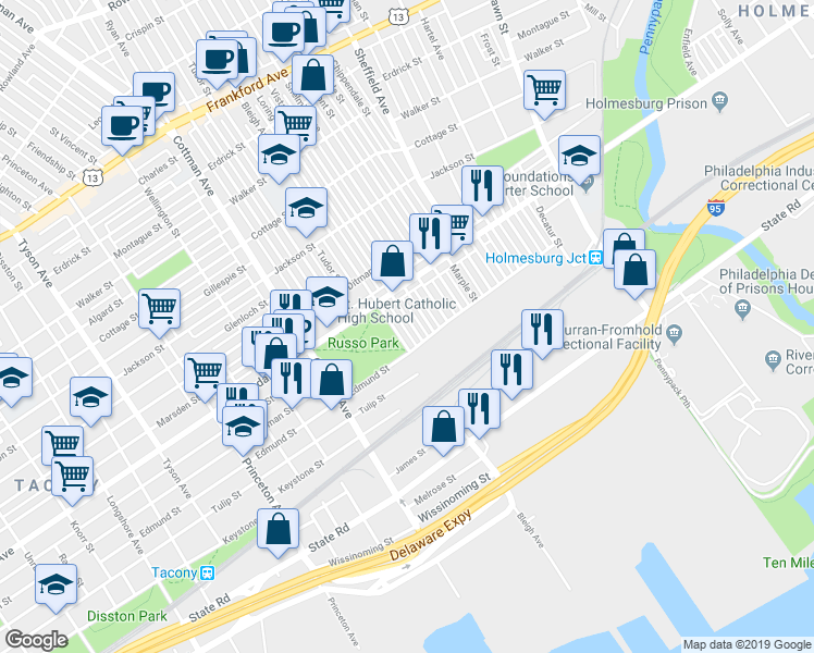 map of restaurants, bars, coffee shops, grocery stores, and more near 4757 Bleigh Avenue in Philadelphia