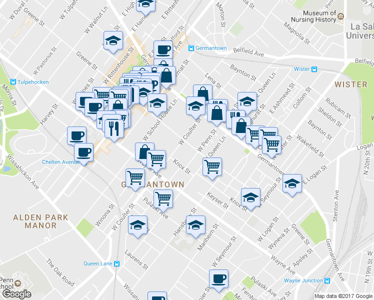 map of restaurants, bars, coffee shops, grocery stores, and more near 156 West Penn Street in Philadelphia