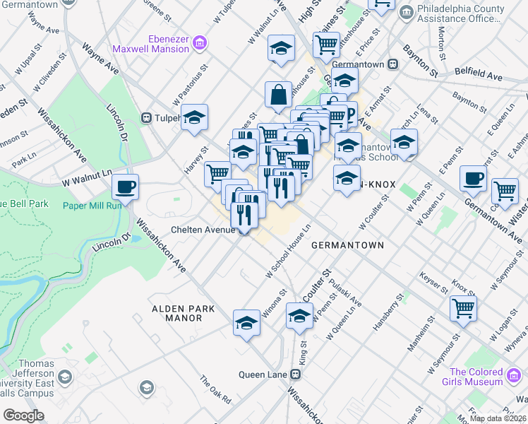 map of restaurants, bars, coffee shops, grocery stores, and more near 240 West Chelten Avenue in Philadelphia