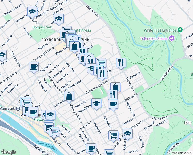 map of restaurants, bars, coffee shops, grocery stores, and more near 5933 Ridge Avenue in Philadelphia
