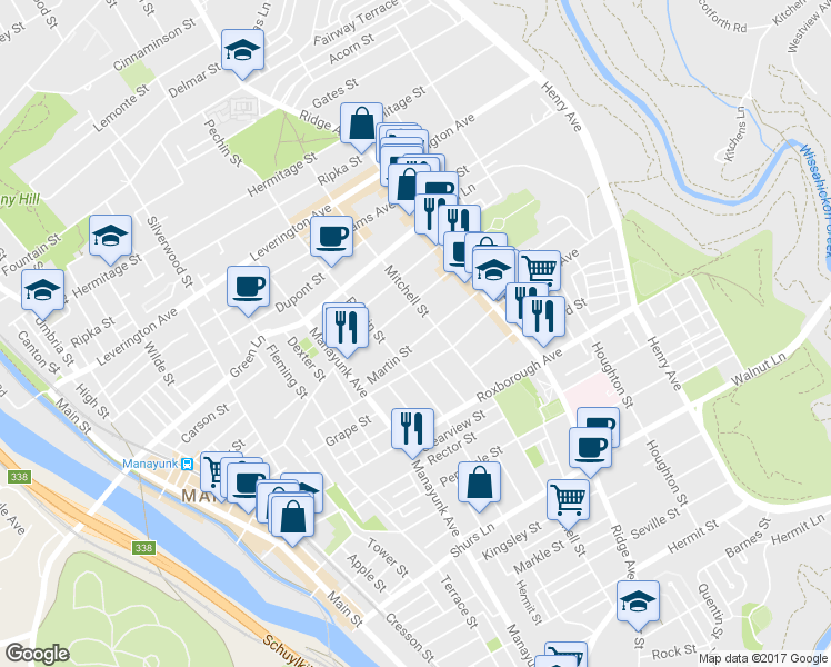 map of restaurants, bars, coffee shops, grocery stores, and more near 419 Martin Street in Philadelphia
