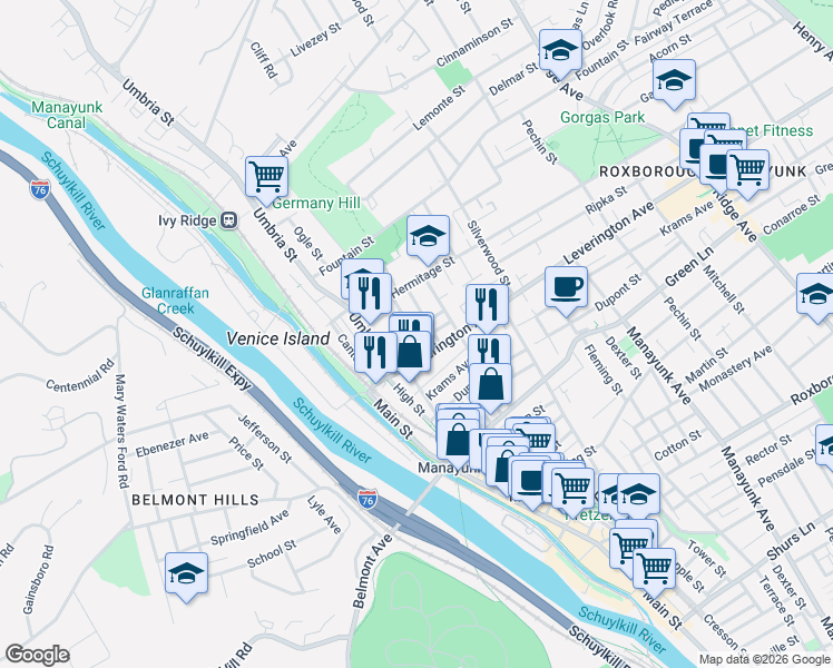 map of restaurants, bars, coffee shops, grocery stores, and more near 150 Leverington Avenue in Philadelphia