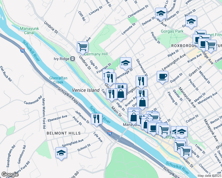 map of restaurants, bars, coffee shops, grocery stores, and more near 107 Ripka Street in Philadelphia
