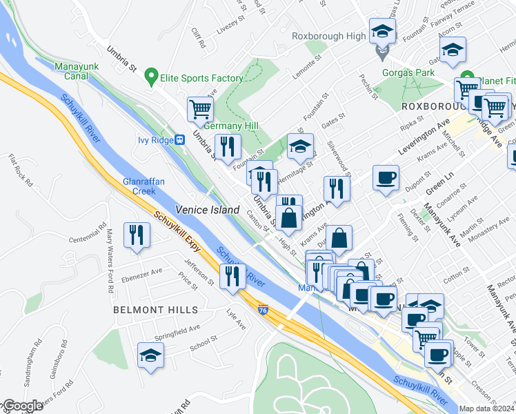map of restaurants, bars, coffee shops, grocery stores, and more near 4681 Canton Street in Philadelphia