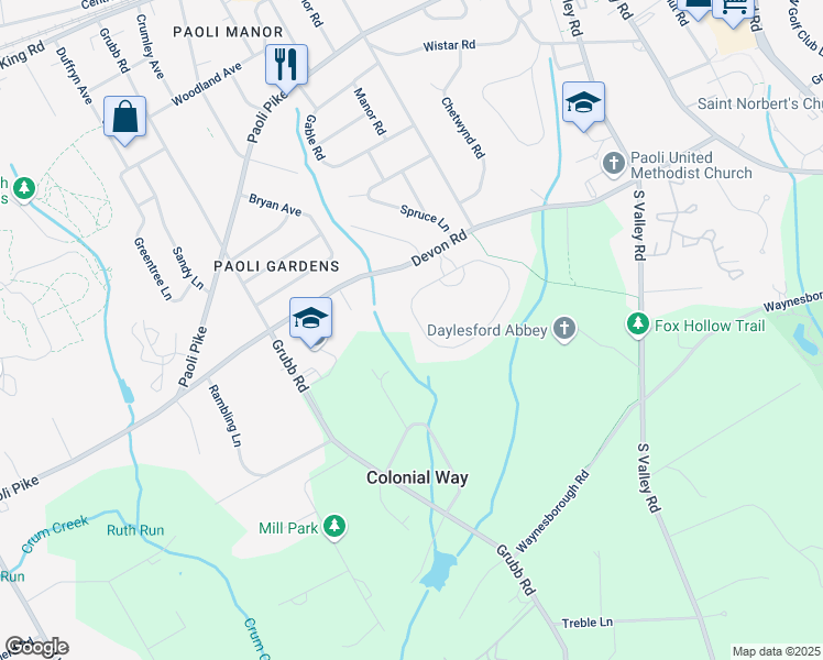 map of restaurants, bars, coffee shops, grocery stores, and more near 50 Devon Circle in Paoli