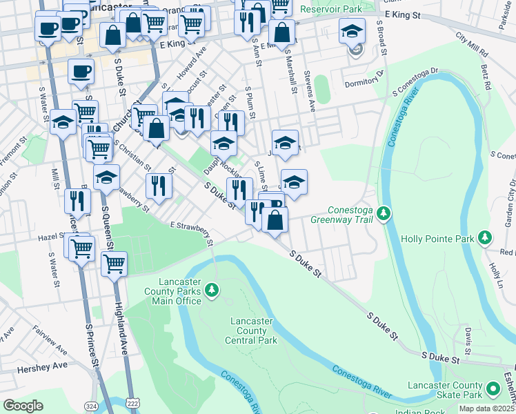 map of restaurants, bars, coffee shops, grocery stores, and more near 917 South Duke Street in Lancaster