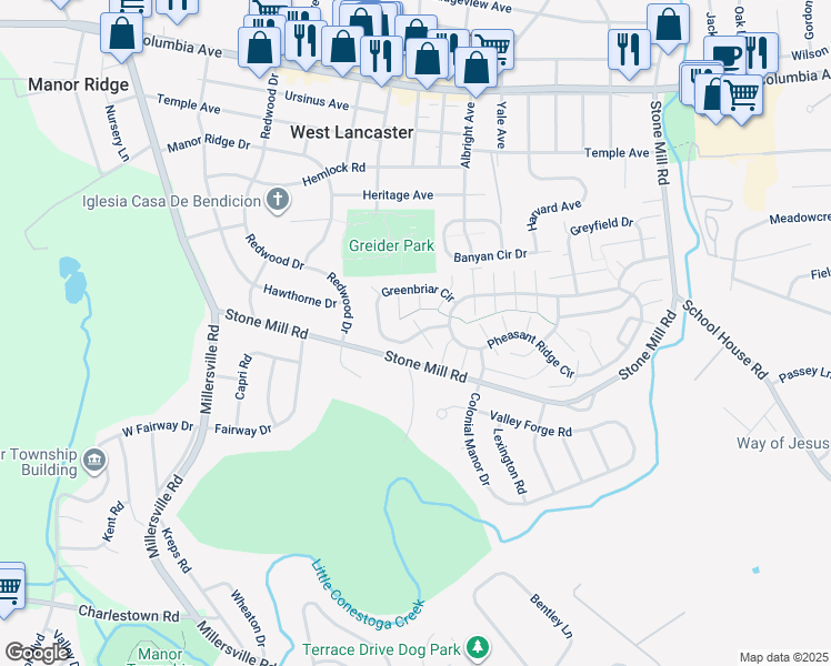 map of restaurants, bars, coffee shops, grocery stores, and more near 154 Greenbriar Circle in Lancaster