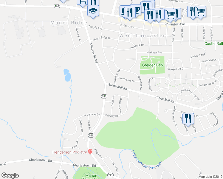 map of restaurants, bars, coffee shops, grocery stores, and more near 413 Millersville Road in Lancaster