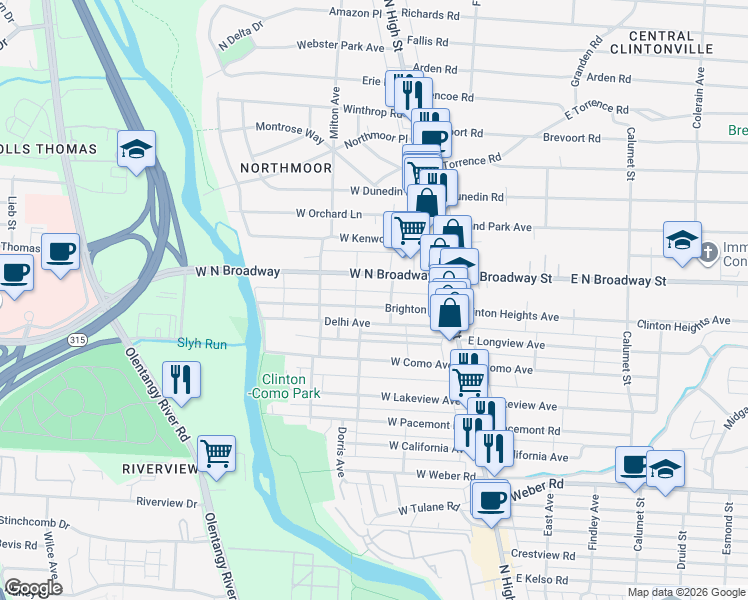 map of restaurants, bars, coffee shops, grocery stores, and more near 121 Brighton Road in Columbus