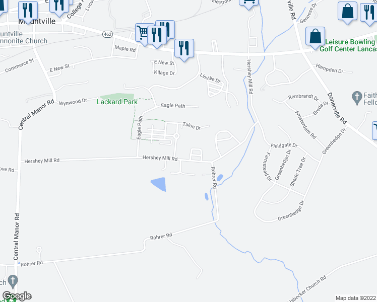 map of restaurants, bars, coffee shops, grocery stores, and more near 204 Horseshoe Loop in Mountville