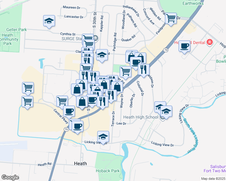 map of restaurants, bars, coffee shops, grocery stores, and more near 775 Hebron Road in Heath