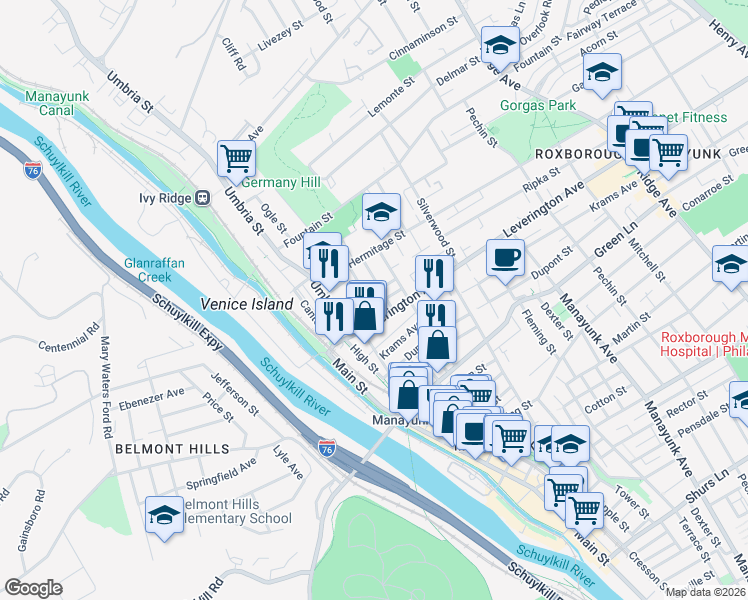 map of restaurants, bars, coffee shops, grocery stores, and more near 148 Leverington Avenue in Philadelphia