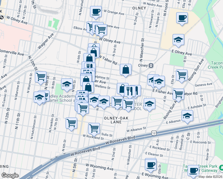 map of restaurants, bars, coffee shops, grocery stores, and more near 264 West Wellens Street in Philadelphia