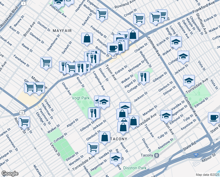map of restaurants, bars, coffee shops, grocery stores, and more near 4230 Disston Street in Philadelphia
