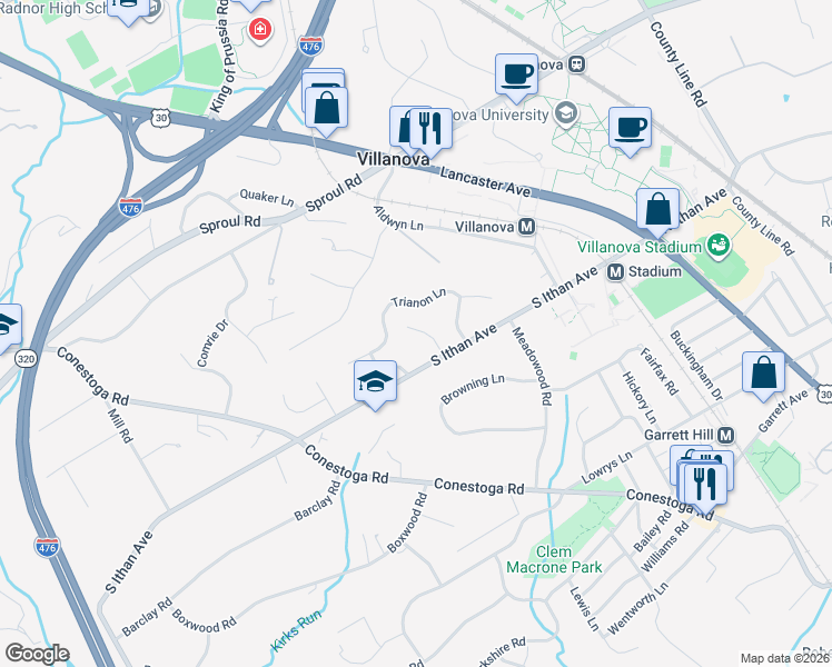 map of restaurants, bars, coffee shops, grocery stores, and more near 200 South Ithan Avenue in Villanova