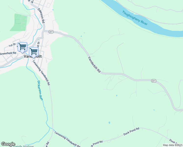 map of restaurants, bars, coffee shops, grocery stores, and more near 265 Vanderbilt Road in Connellsville