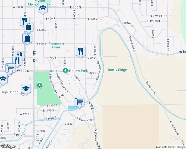 map of restaurants, bars, coffee shops, grocery stores, and more near 803 South 640 East in Payson