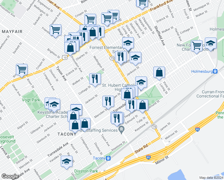 map of restaurants, bars, coffee shops, grocery stores, and more near 7158 Glenloch Street in Philadelphia