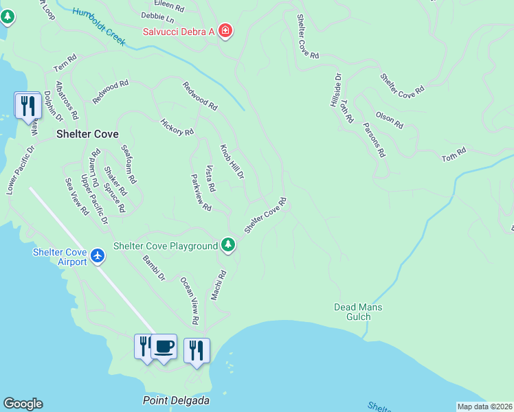 map of restaurants, bars, coffee shops, grocery stores, and more near 8975 Shelter Cove Road in Whitethorn