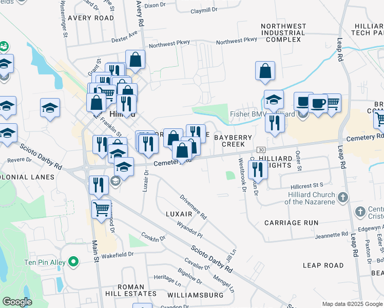 map of restaurants, bars, coffee shops, grocery stores, and more near 5092 County Road 30 in Hilliard