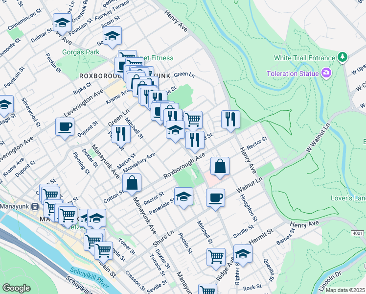 map of restaurants, bars, coffee shops, grocery stores, and more near 5938 Ridge Avenue in Philadelphia