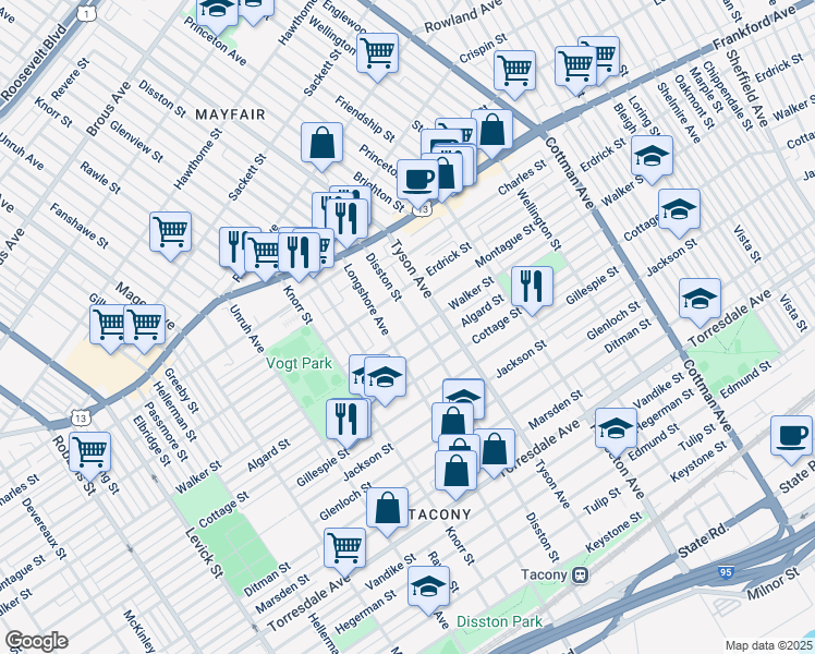 map of restaurants, bars, coffee shops, grocery stores, and more near 4230 Disston Street in Philadelphia