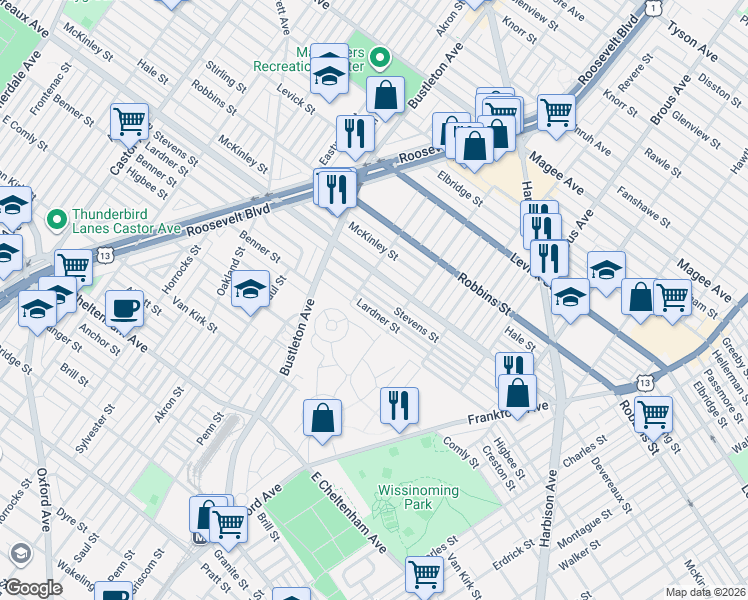 map of restaurants, bars, coffee shops, grocery stores, and more near 2127 Lardner Street in Philadelphia