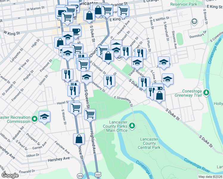 map of restaurants, bars, coffee shops, grocery stores, and more near 546 Dauphin Street in Lancaster
