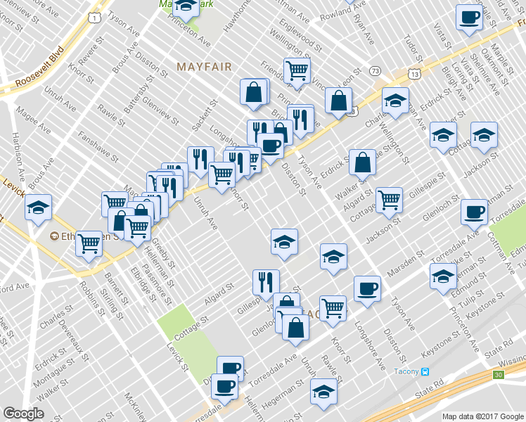 map of restaurants, bars, coffee shops, grocery stores, and more near 4142 Glenview Street in Philadelphia