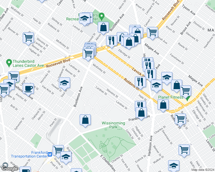 map of restaurants, bars, coffee shops, grocery stores, and more near 2154 Devereaux Avenue in Philadelphia