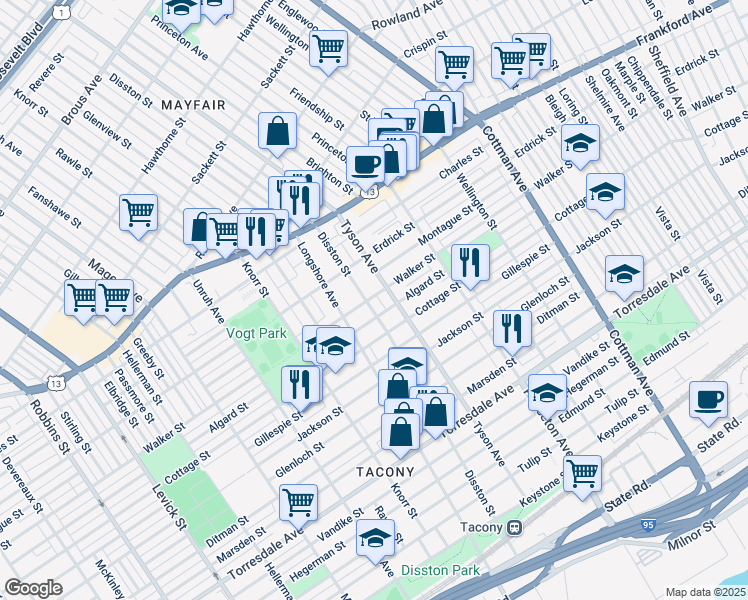map of restaurants, bars, coffee shops, grocery stores, and more near 4301 Disston Street in Philadelphia