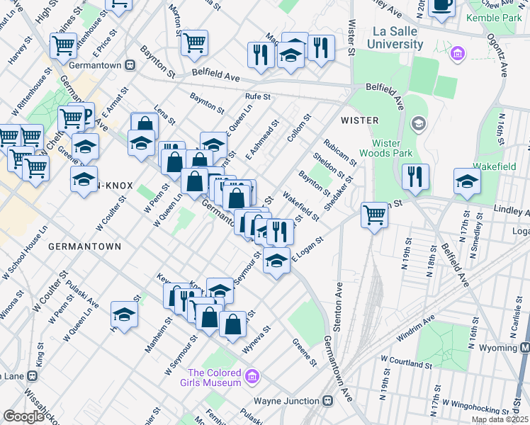 map of restaurants, bars, coffee shops, grocery stores, and more near 50 East Wister Street in Philadelphia