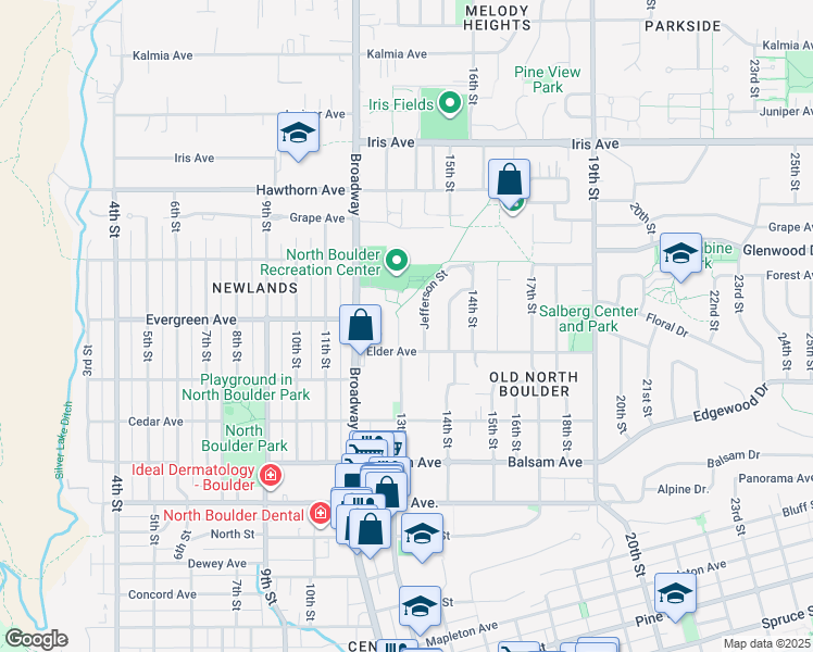 map of restaurants, bars, coffee shops, grocery stores, and more near 3014 13th Street in Boulder