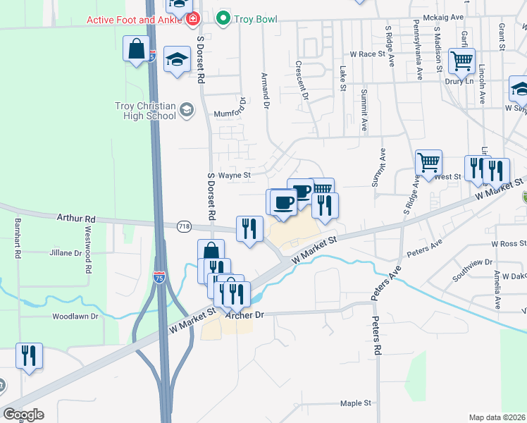 map of restaurants, bars, coffee shops, grocery stores, and more near 1050 Laurel Tree Court in Troy