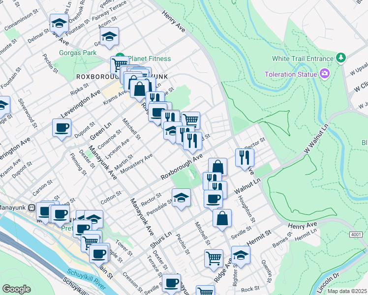 map of restaurants, bars, coffee shops, grocery stores, and more near 5927 Ridge Avenue in Philadelphia