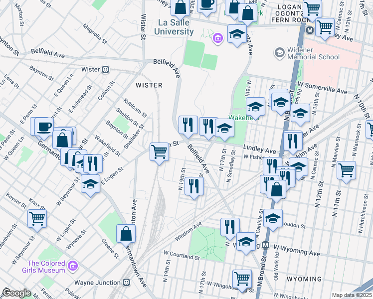map of restaurants, bars, coffee shops, grocery stores, and more near 5004 North Gratz Street in Philadelphia