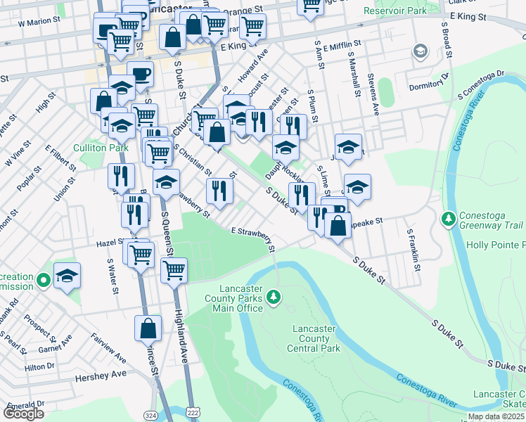 map of restaurants, bars, coffee shops, grocery stores, and more near 623 South Christian Street in Lancaster
