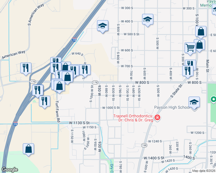 map of restaurants, bars, coffee shops, grocery stores, and more near 841 South 880 West in Payson