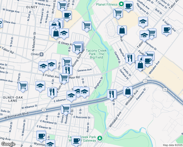 map of restaurants, bars, coffee shops, grocery stores, and more near 577 East Tabor Road in Philadelphia