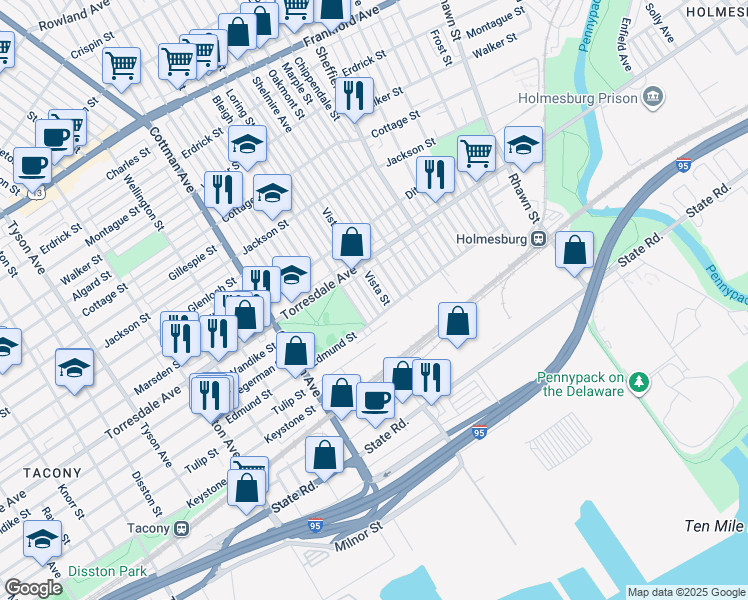 map of restaurants, bars, coffee shops, grocery stores, and more near 4755 Loring Street in Philadelphia