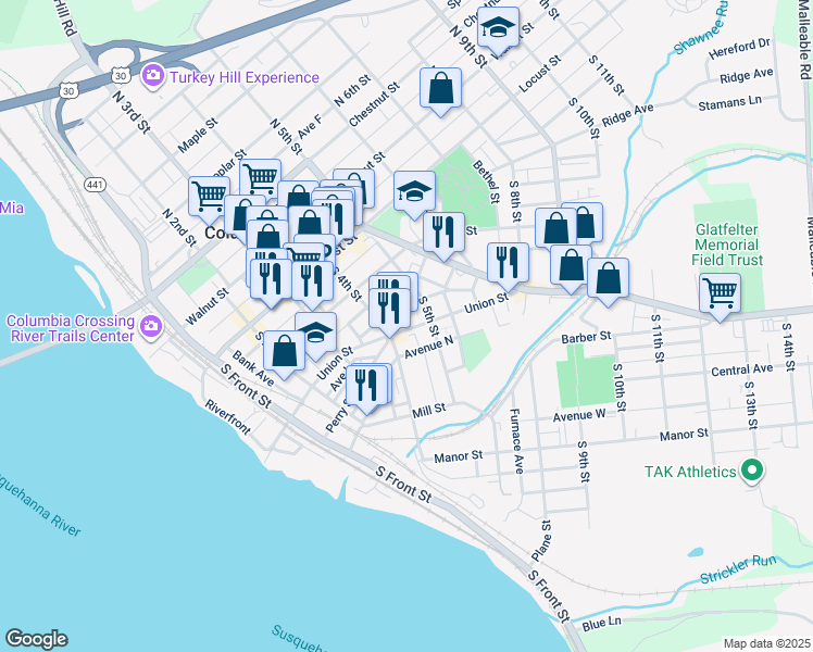 map of restaurants, bars, coffee shops, grocery stores, and more near 419 Union Street in Columbia