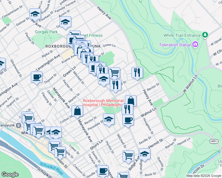 map of restaurants, bars, coffee shops, grocery stores, and more near 5933 Ridge Avenue in Philadelphia