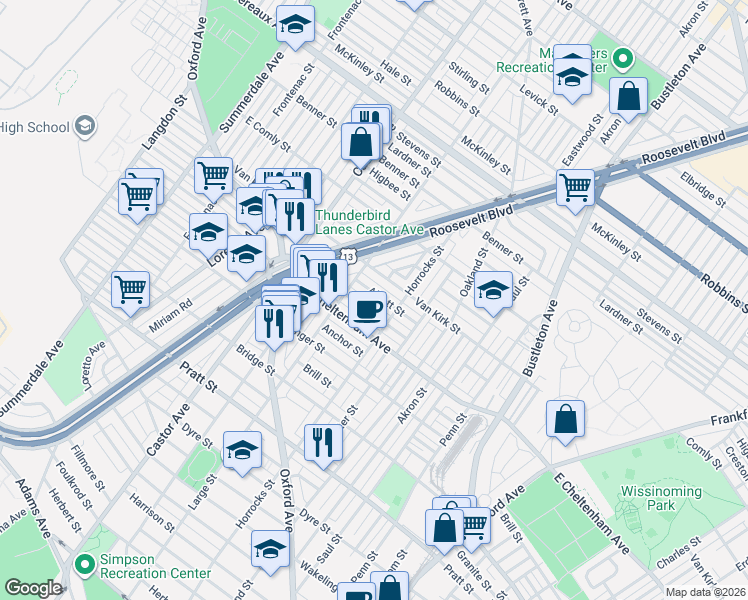 map of restaurants, bars, coffee shops, grocery stores, and more near 1439 Rosalie Street in Philadelphia