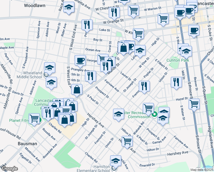 map of restaurants, bars, coffee shops, grocery stores, and more near 816 Lafayette Street in Lancaster