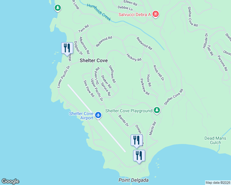 map of restaurants, bars, coffee shops, grocery stores, and more near 160 Seafoam Road in Whitethorn