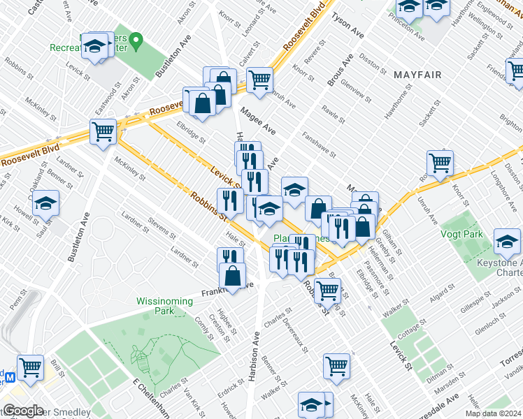 map of restaurants, bars, coffee shops, grocery stores, and more near 2916 Levick Street in Philadelphia